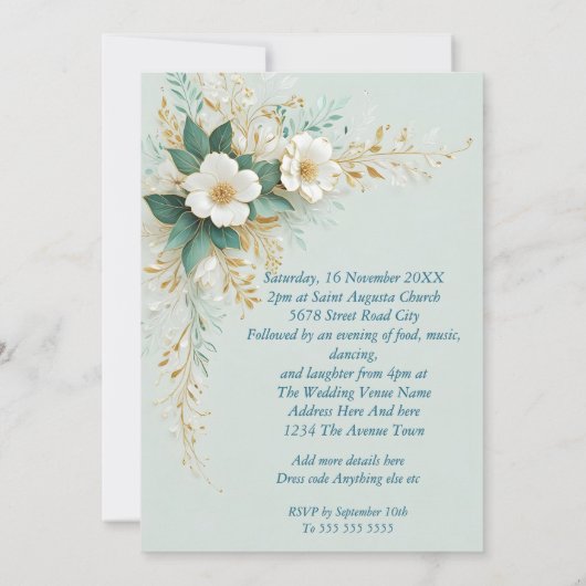 Invitation Elégante Mariage Bleu Vert Blanc Or Fleurs (Dos)