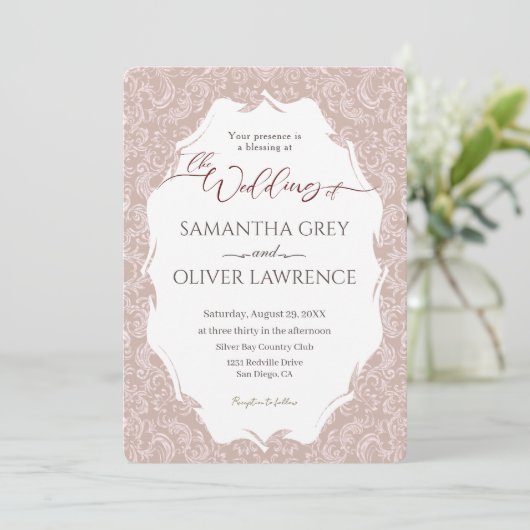 Invitation élégante Mariage damassé Beige (Debout devant)