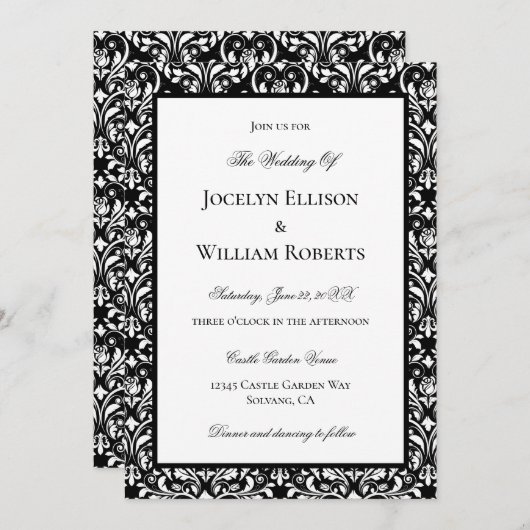 Invitation Élégante Mariage damassé Noir Et Blanc (Devant / Derrière)