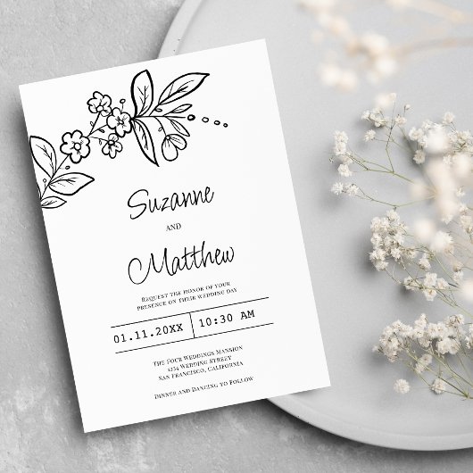Invitation Elégante mariage florale simple en noir et blanc
