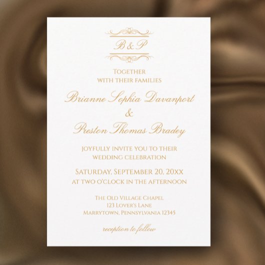 Invitation Élégante Mariage Moderne Monogramme Or & Blanc