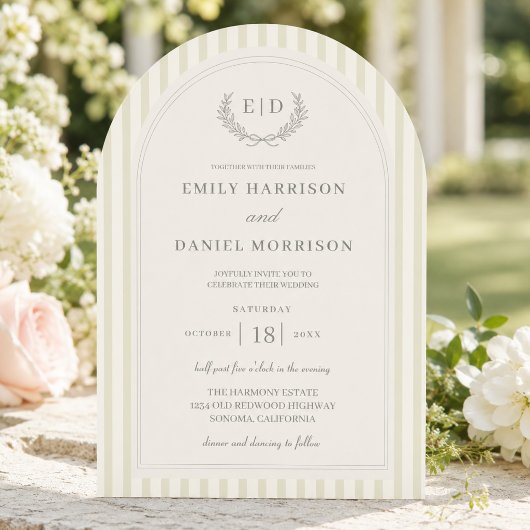 Invitation Élégante Mariage Rayé Vert Sauge Monogramme