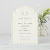 Invitation Élégante Mariage Rayé Vert Sauge Monogramme (Debout devant)