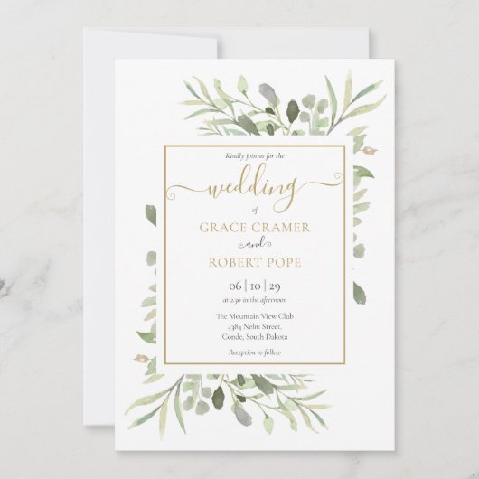 Invitation Élégante Mariage Script Géométrique Or Végétal (Devant)