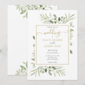 Invitation Élégante Mariage Script Géométrique Or Végétal (Devant / Derrière)