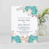 Invitation Elégante Mariage Vert Beige Rose Fleurs (Debout devant)