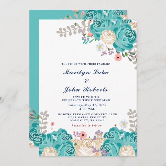 Invitation Elégante Mariage Vert Beige Rose Fleurs (Devant / Derrière)