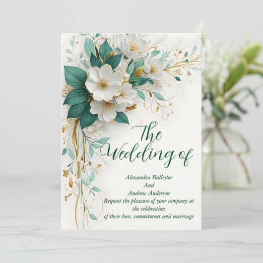 Invitation Elégante Mariage Vert Blanc Or Fleurs (Debout devant)