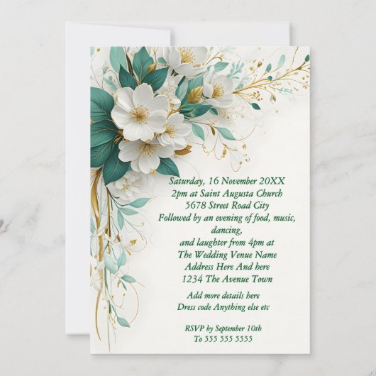 Invitation Elégante Mariage Vert Blanc Or Fleurs (Dos)
