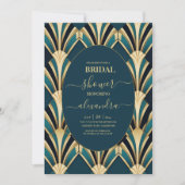 Invitation Élégante mariée Art Déco Bleu et Or (Devant)