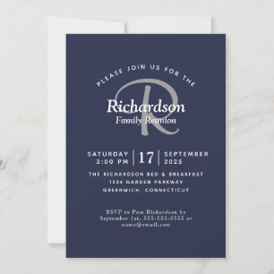 Invitation Elégante Marine Blanc Argent Monogramme Famille Ré