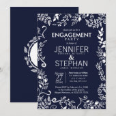 Invitation Élégante Marine Bleu Blanc Floral (Devant / Derrière)