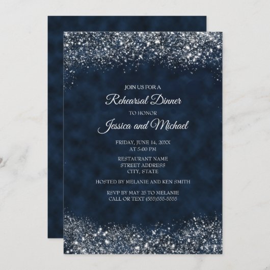 Invitation Élégante Marine Bleu Blanc Stardust Mariage (Devant / Derrière)