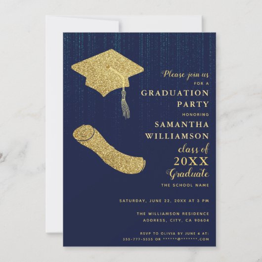 Invitation Élégante Marine Bleu et Gold Graduation Party (Devant)