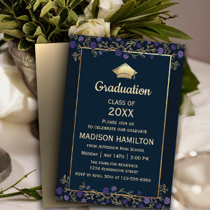Invitation Élégante Marine Bleu et Gold Graduation Party