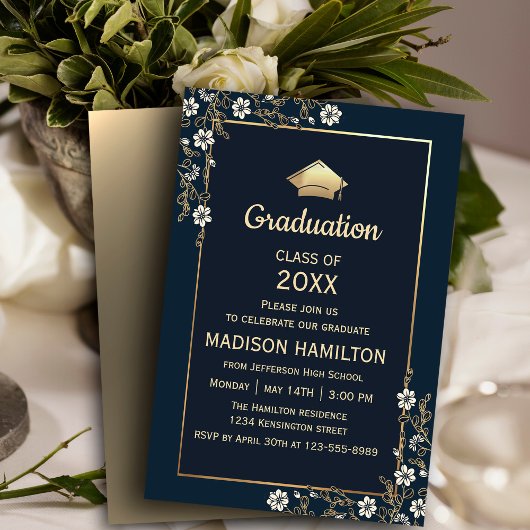Invitation Élégante Marine Bleu et Gold Graduation Party