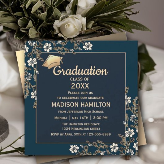 Invitation Élégante Marine Bleu et Gold Graduation Party