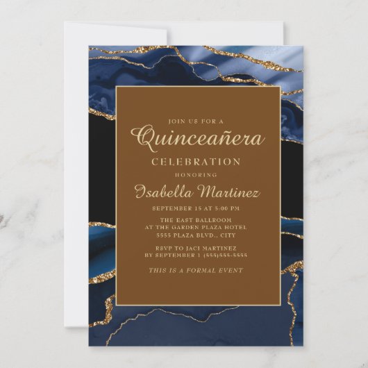 Invitation Elégante Marine Bleu Marbre Or Agate Quinceañera (Devant)