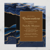 Invitation Elégante Marine Bleu Marbre Or Agate Quinceañera (Devant / Derrière)