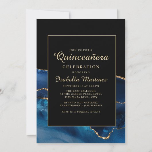 Invitation Elégante Marine Bleu Or Agate Marbre Quinceañera (Devant)