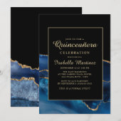 Invitation Elégante Marine Bleu Or Agate Marbre Quinceañera (Devant / Derrière)