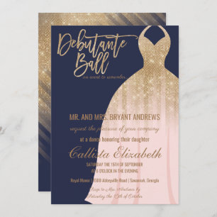 Invitation Elégante Marine Bleu Parties scintillant or robe D
