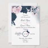 Invitation élégante marine bleu & rose fleurs mariage invitat (Devant)