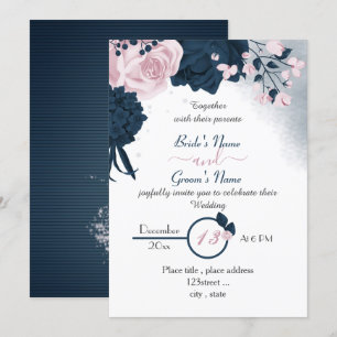 Invitation élégante marine bleu & rose fleurs mariage invitat