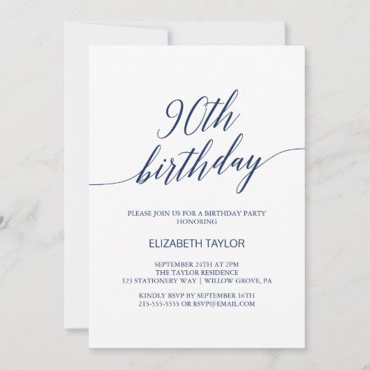 Invitation Élégante Marine Blue Calligraphy 90e anniversaire (Devant)