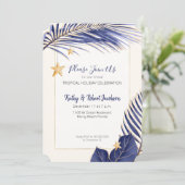 Invitation Elégante Marine Blue et Gold Tropical Holiday Part (Debout devant)