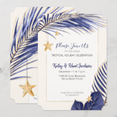 Invitation Elégante Marine Blue et Gold Tropical Holiday Part (Devant / Derrière)