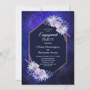 Invitation Élégante Marine Blue Floral Engagement Party