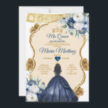 Invitation Elégante Marine Blue Floral Princesse Quinceañera<br><div class="desc">Elégante Marine Bleu Floral Princesse Quinceañera Invitation Mis Quince 15 Anos,  16ème Anniversaire Papillon.</div>