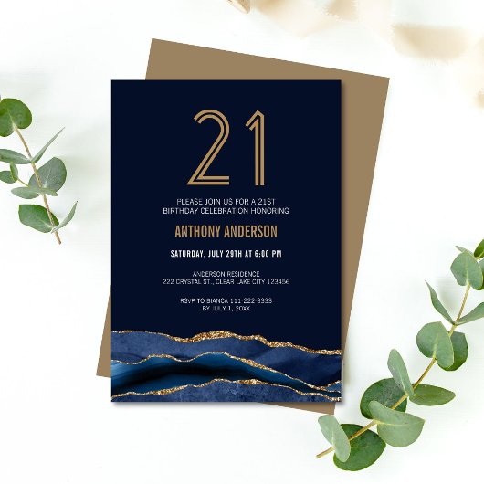 Invitation Elégante Marine Blue Gold Agate 21e fête d'anniver