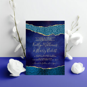 Invitation Élégante Marine Blue & Gold Agate Mariage Rehearsa