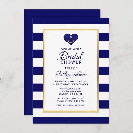 Invitation Elégante Marine Blue Mariage nautique Fête des mar (Devant / Derrière)