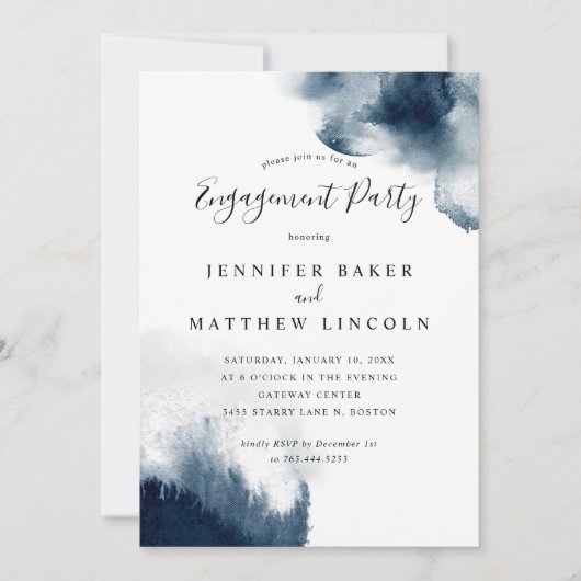 Invitation Elégante Marine Blue Watercolor Engagement Party (Devant)
