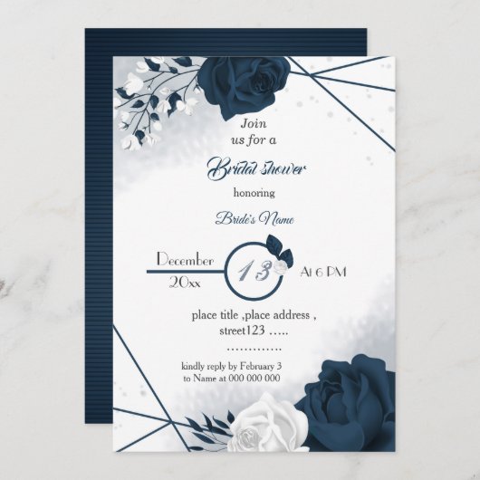 Invitation élégante marine et fleurs blanches nuptiale douche (Devant / Derrière)