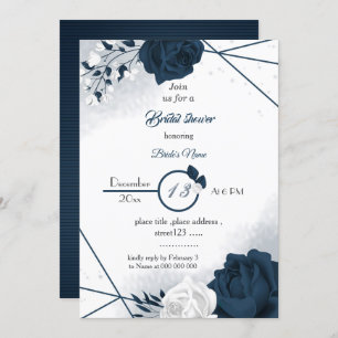 Invitation élégante marine et fleurs blanches nuptiale douche