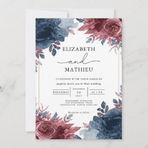 Invitation Elégante marine et Mariage floral de Bourgogne
