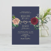 Invitation Elégante marine et Mariage floral de Bourgogne (Debout devant)