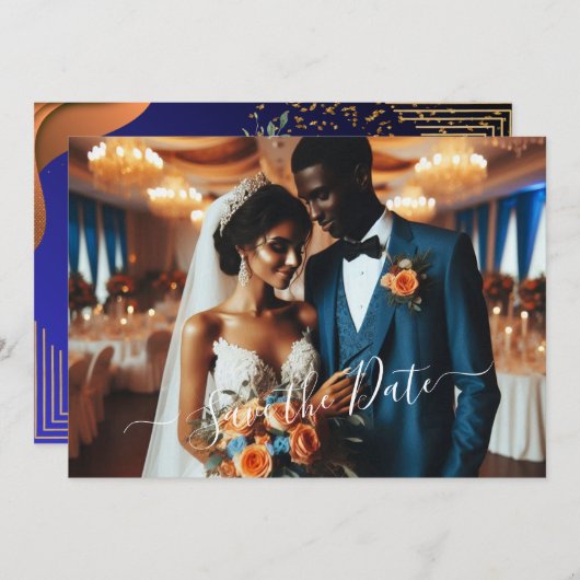 Invitation Elégante Marine et orange brûlée | Photo Enregistr (Devant / Derrière)