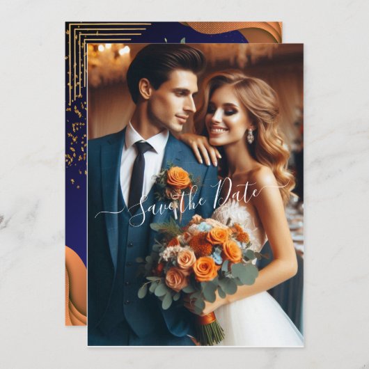 Invitation Elégante Marine et orange brûlée | Photo Enregistr (Devant / Derrière)