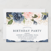 Invitation Elégante Marine Floral Gold Blush fête d'anniversa (Devant)