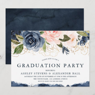 Invitation Élégante Marine Floral Gold Blush Graduation