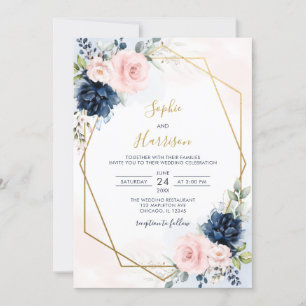 Invitation Elégante marine géométrique et Mariage floral flus