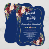 Invitation Elégante Marine Gold Bourgogne Floral Brunch & Bub (Devant / Derrière)