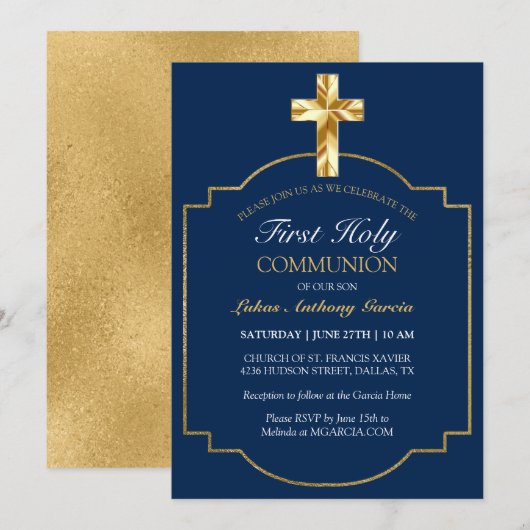 Invitation Élégante Marine Gold Première Sainte Communion (Devant / Derrière)