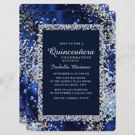 Invitation Elégante Marine Parties scintillant en argent or Q (Devant / Derrière)