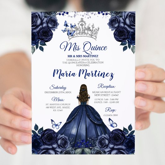 Invitation Elégante Marine Princess Floral Silver Mis Quince